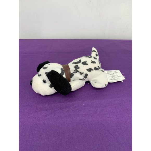 Small 6 Inch White Dog with Black Spots Brown Pleather Collar Plastic eyes Stain - Picture 2 of 9